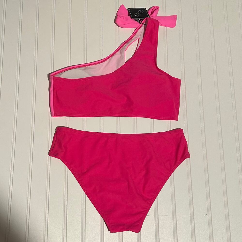 Zaful Women Pink One Shoulder Bikini Set Bow Tie High Waist 2 Piece L NWT - Picture 3 of 7